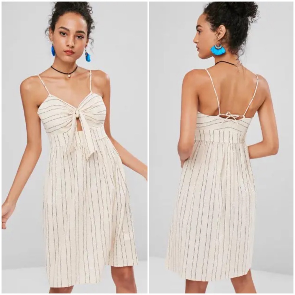 Zara NWT Cream Ecru Ivory Striped Linen Knotted Tie Front Dress - Size Small